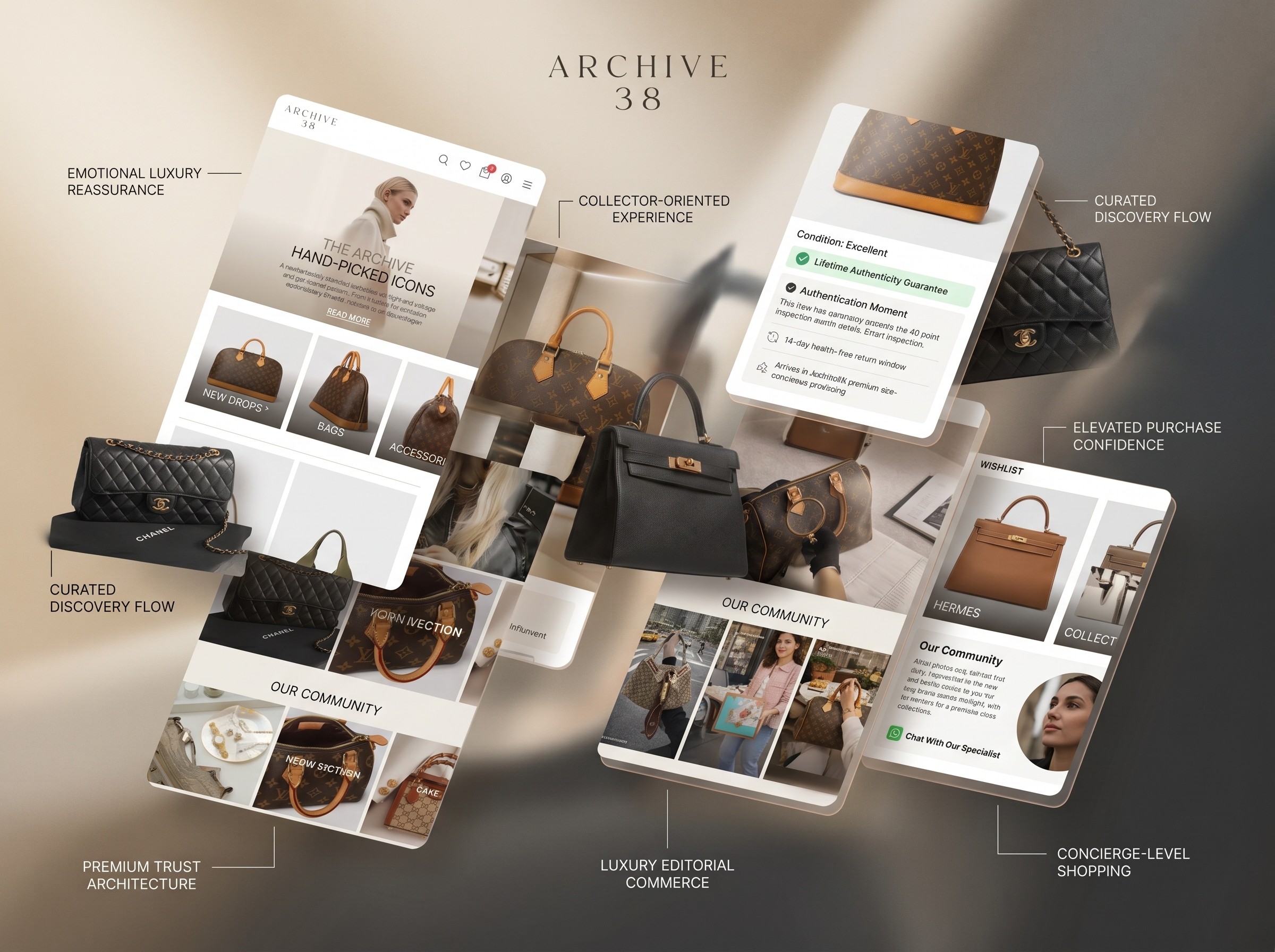 Mobile Luxury Ecommerce UI mit Fokus auf emotionales Vertrauen, Premium-Produktstorytelling und collector-orientiertes Browsing