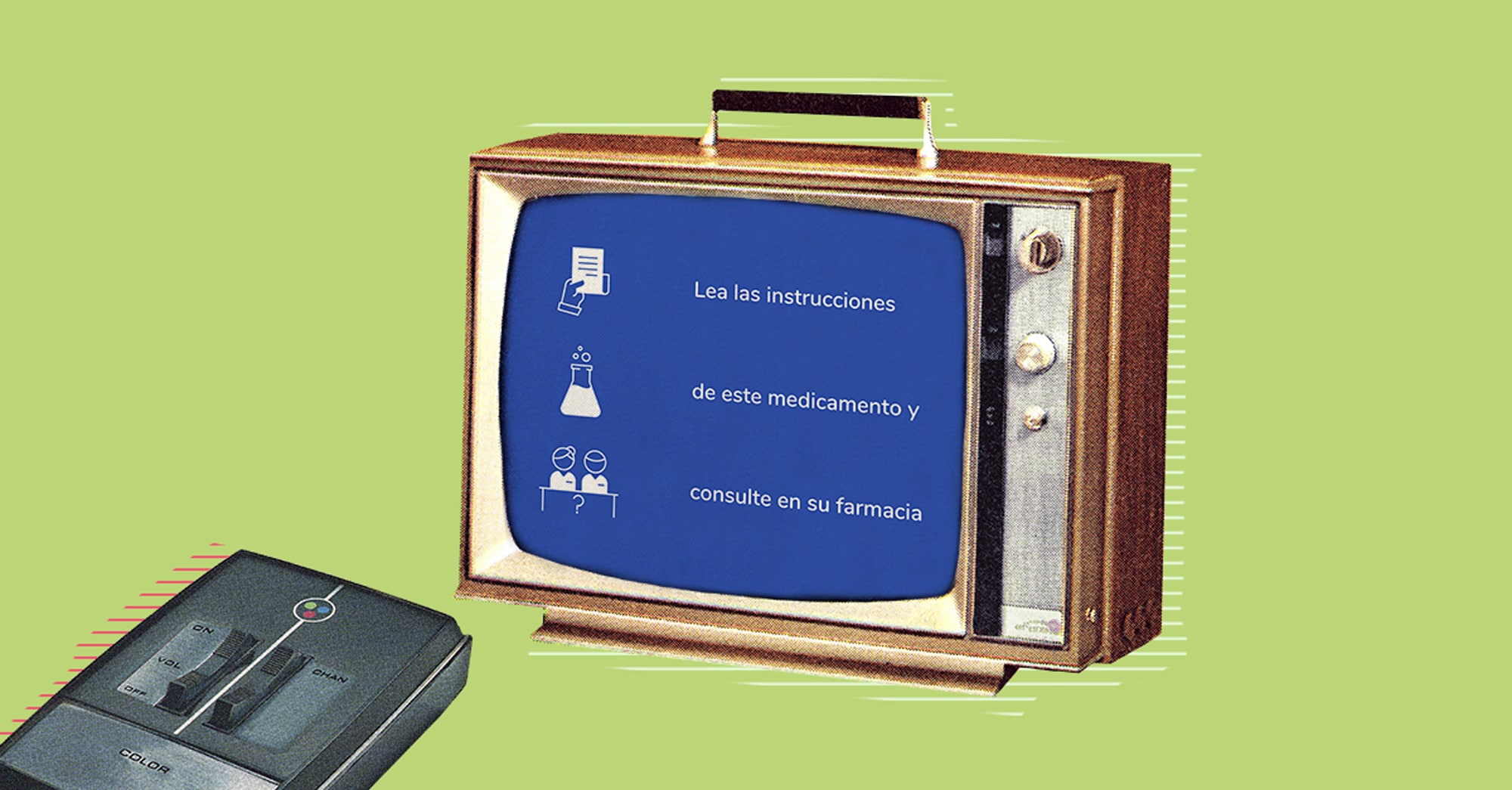 Televisor retro con mensaje: "Lea las instrucciones de este medicamento y consulte en su farmacia". Fondo verde.