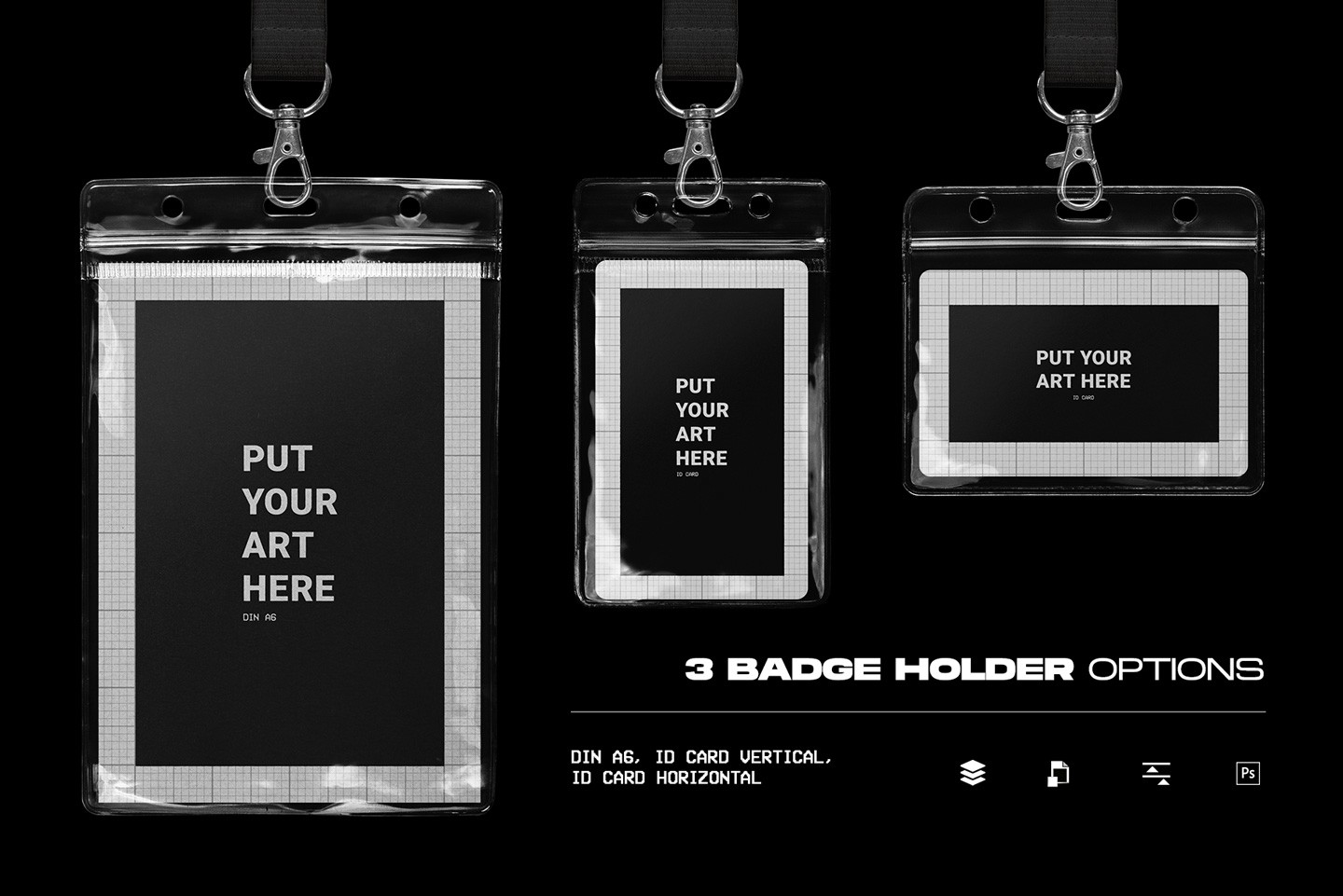 Three badge holder options including DIN A6, vertical ID card, and horizontal ID card formats