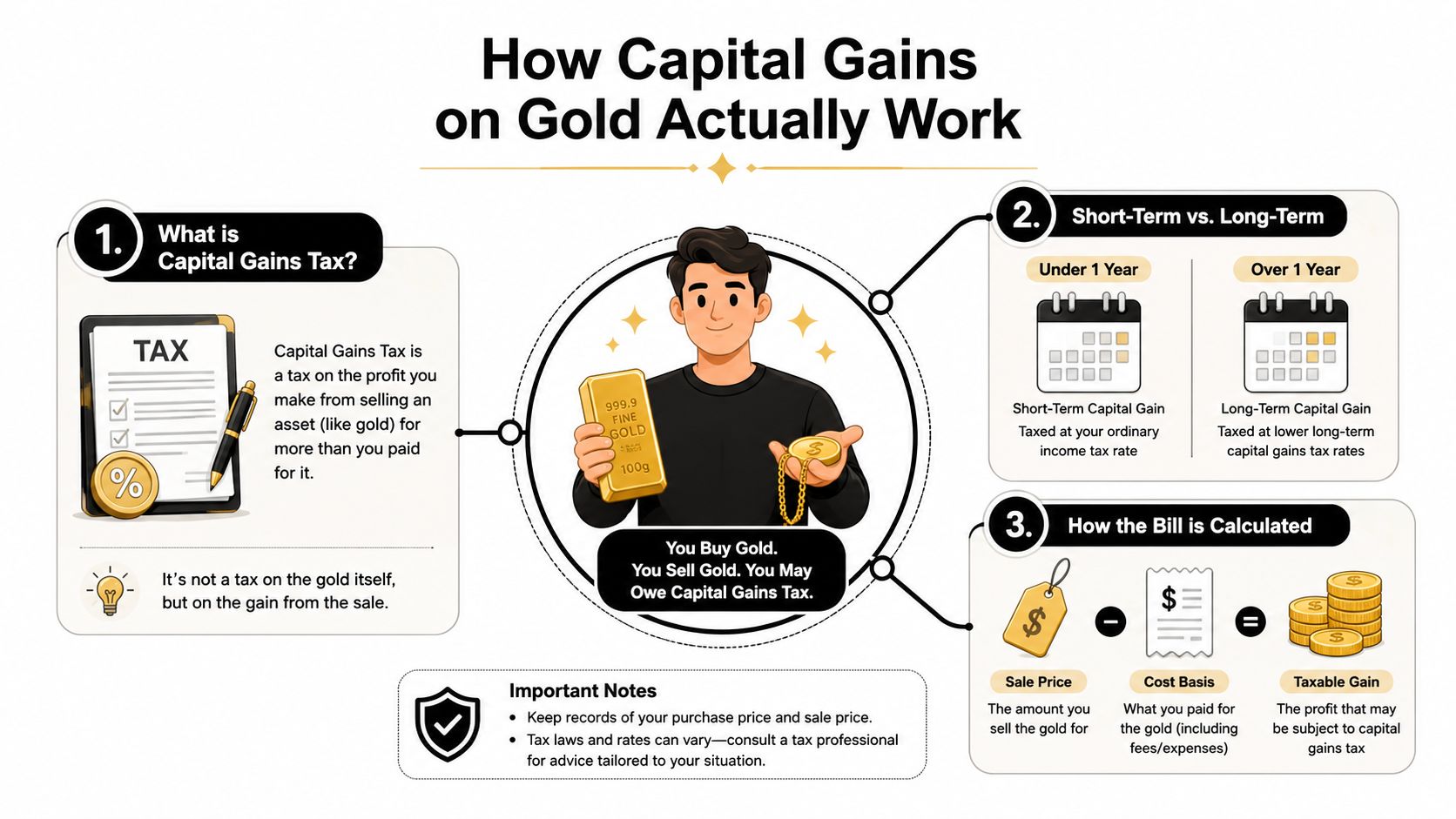 An infographic explaining how capital gains tax works when buying and selling gold as an investment.