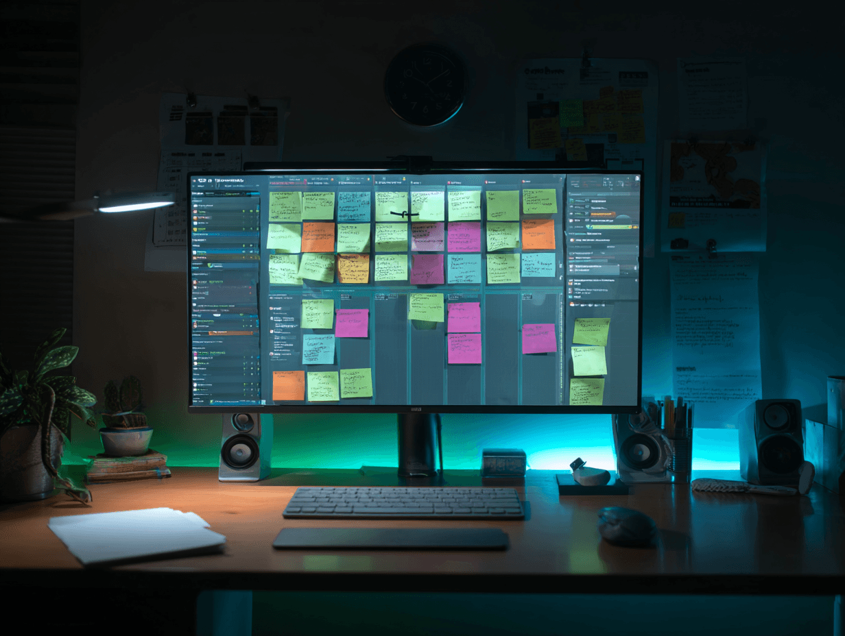 desktop covered in sticky notes