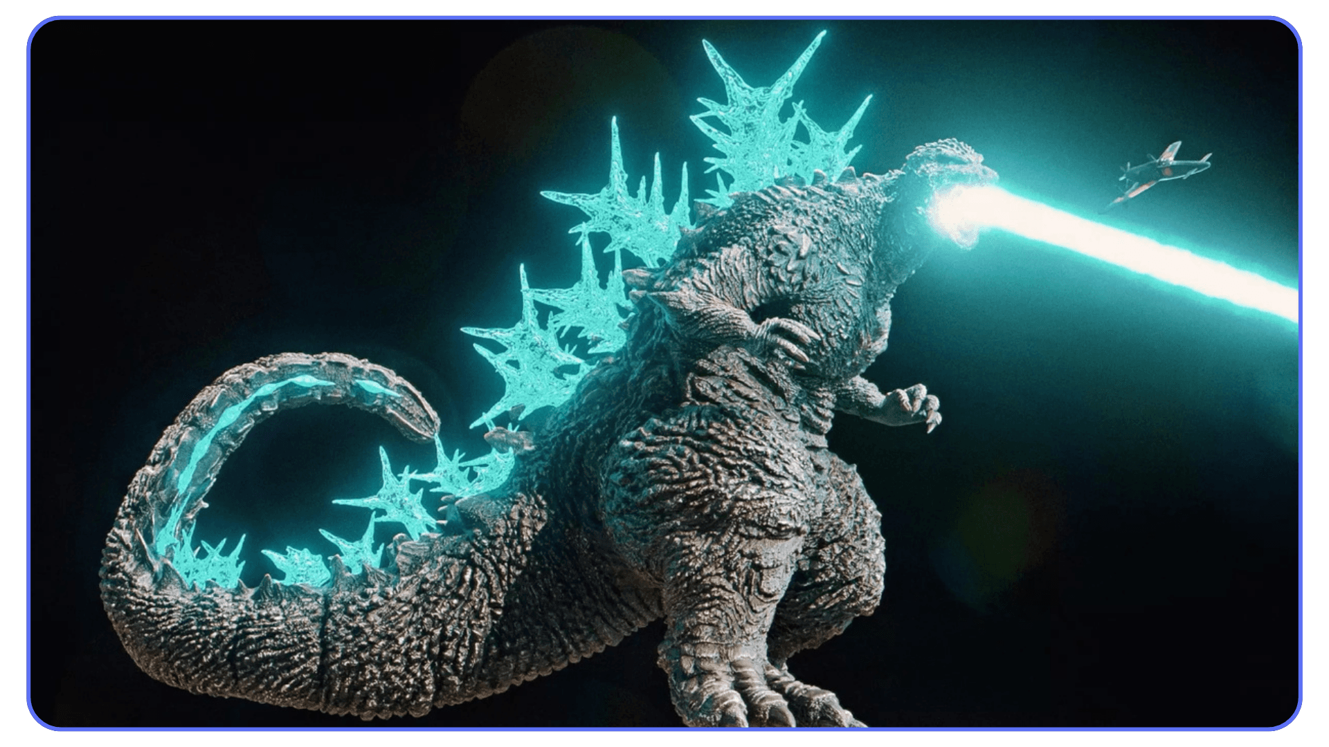 High-detail Godzilla 3D model firing a glowing beam at a fighter jet.