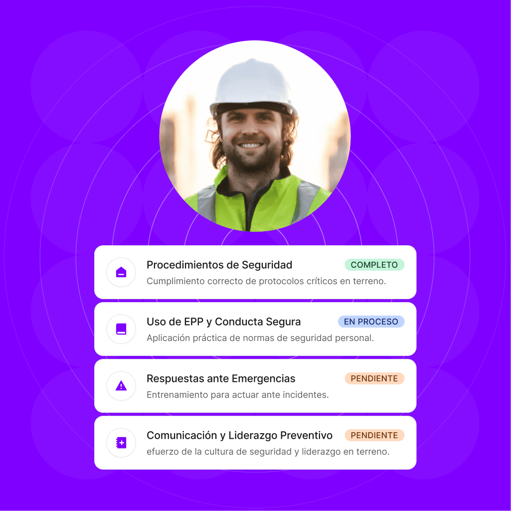 A construction worker's profile with skills listed on a vibrant purple background.