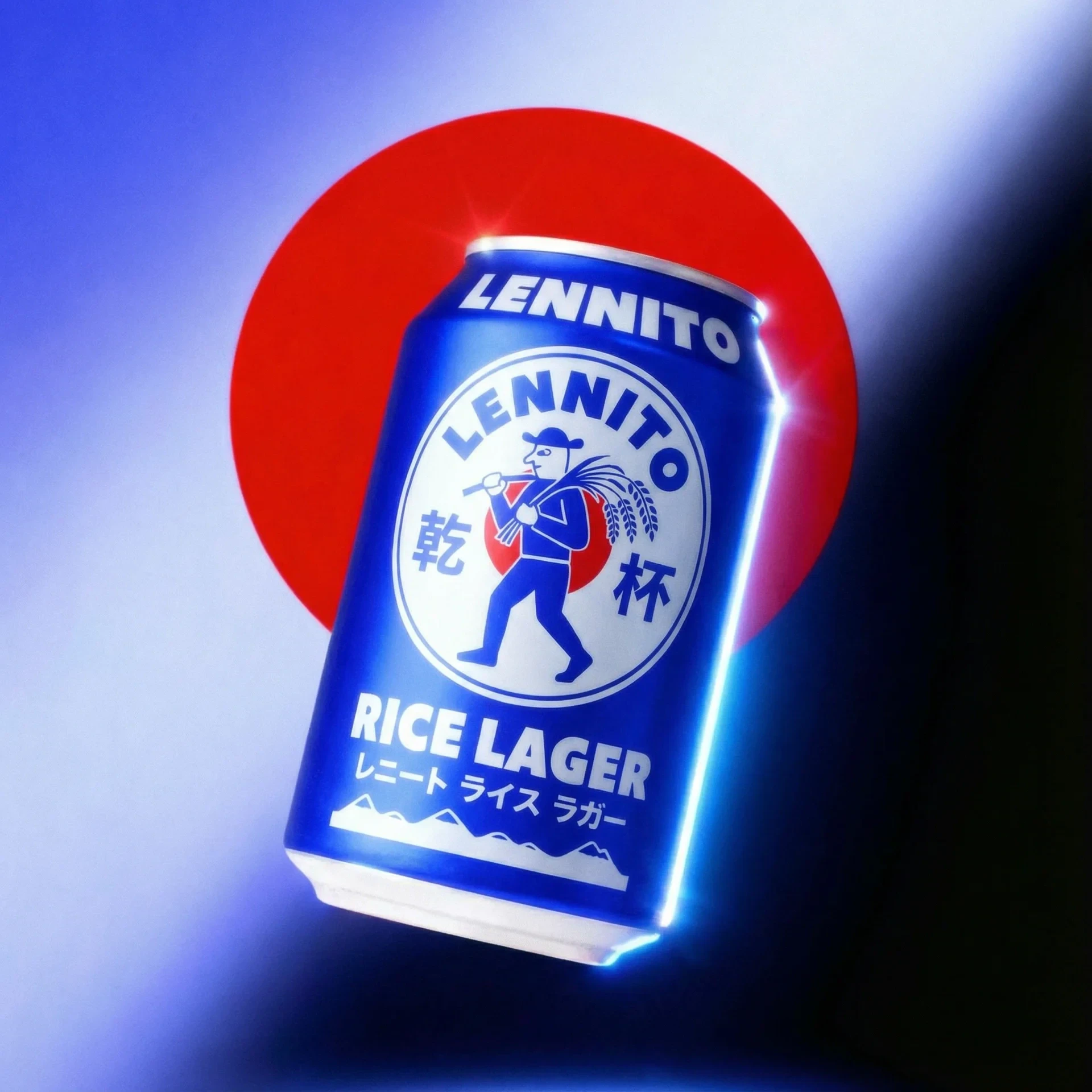 AI beverage product photography with illuminated rice lager can and neon lighting for high-conversion ecommerce ads