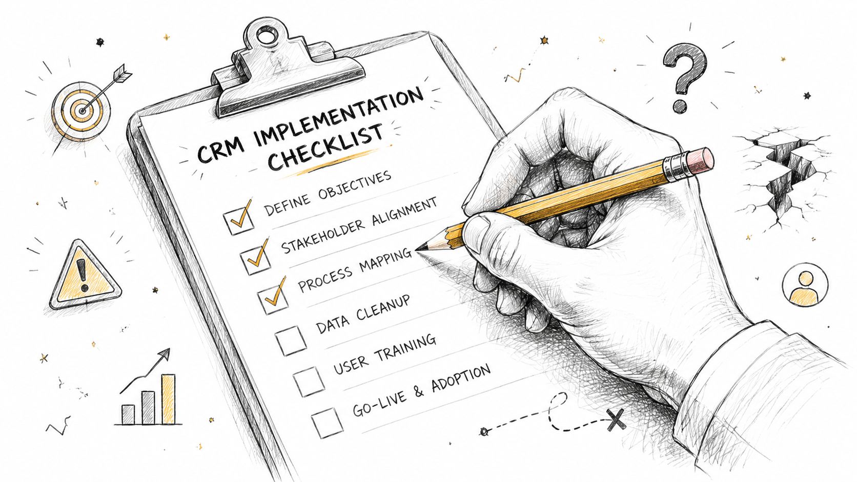 A hand using a pencil to check off items on a CRM implementation checklist on a clipboard.