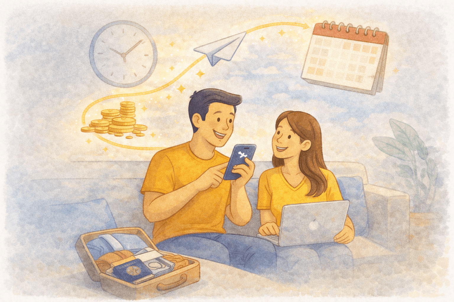 Ilustração em aquarela digital de casal planejando viagem com milhas no sofá, usando celular e notebook, com mala aberta, moedas e calendário ao fundo.