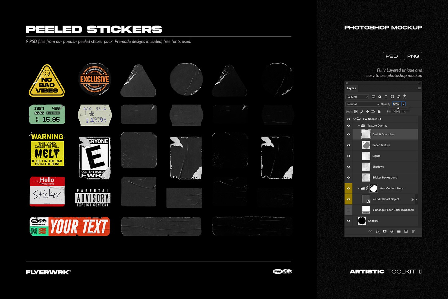 Artistic Toolkit 1 peeled stickers collection including layered PSD files with editable colors and shadows