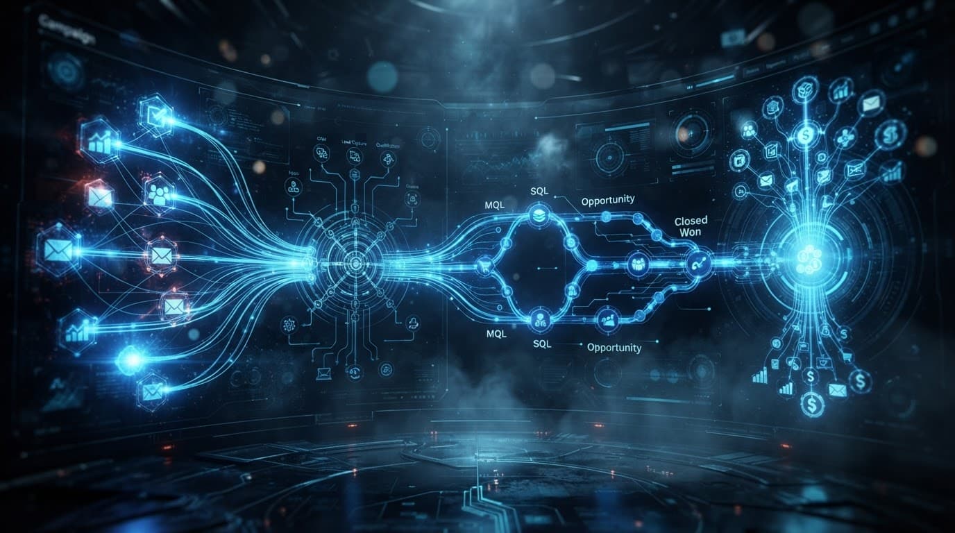 Blue workflow nodes connect marketing campaigns to closed sales deals.