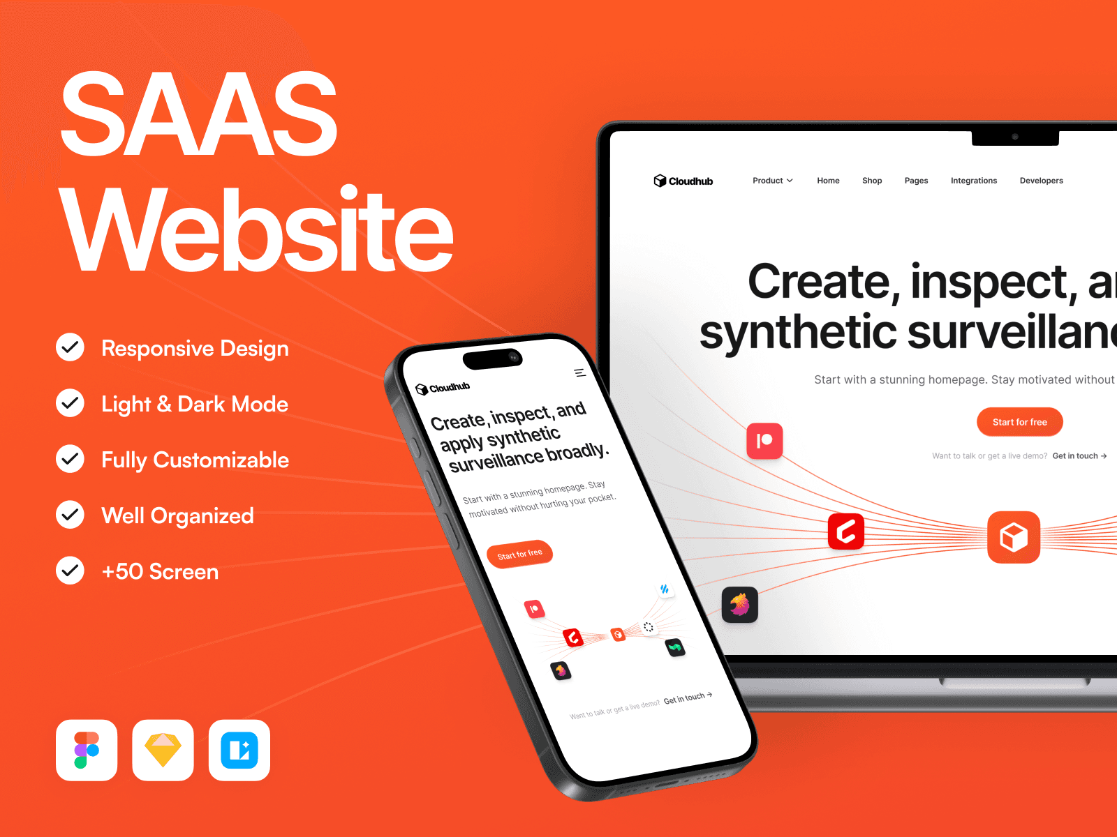 CloudHub SaaS landing page template with cloud-software UI elements and clean layouts.
