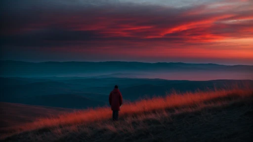 a vibrant sunset casting shades of blue and red over a solitary figure standing on a hill, evoking a sense of contemplation and underlying tension.