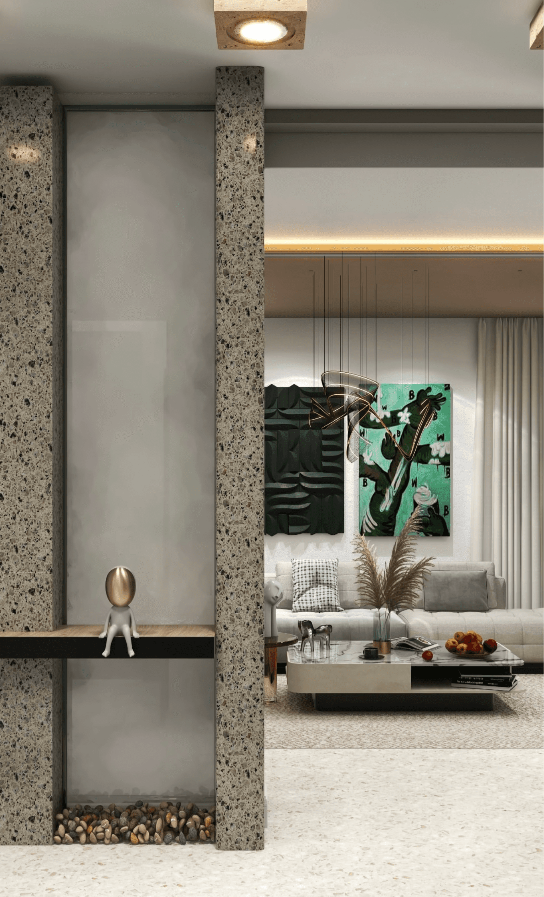 Smiling young woman with long hair standing against a dark green background, holding a finger to her chin.