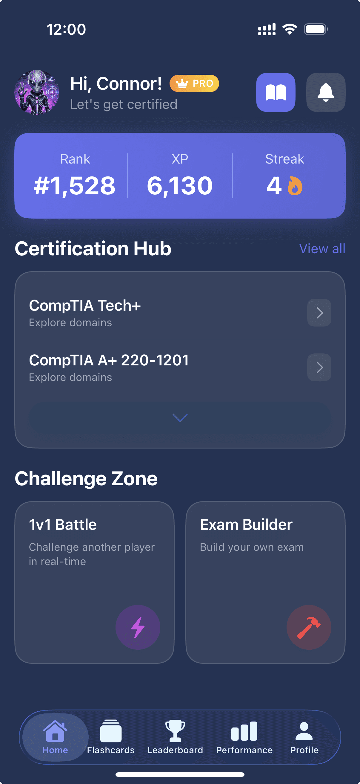 CyberExamPrep app dashboard showing user profile, coins, score, and access to CompTIA cybersecurity quiz zones and 1v1 battle modes