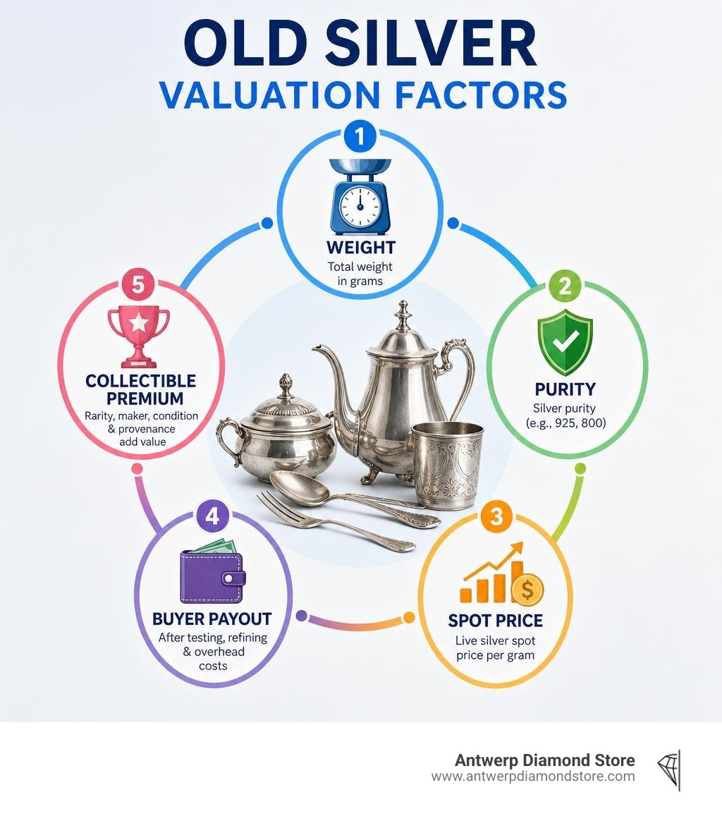 Old silver valuation factors: weight, purity, spot price, buyer payout, and collectible premium infographic
