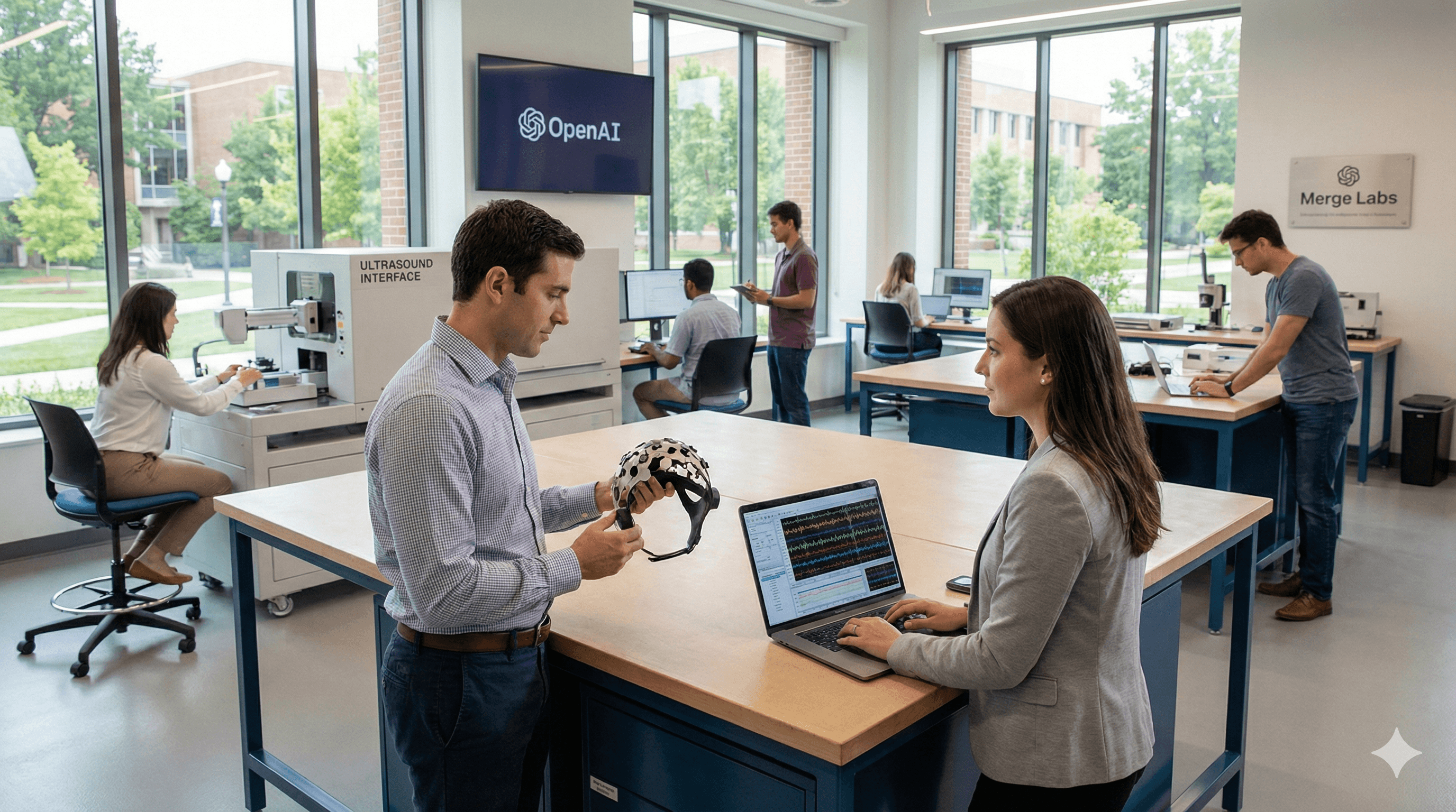 The image depicts a modern laboratory setting, with professionals examining advanced technology, including a brain-computer interface, as others work at computers and equipment, highlighting OpenAI's investment in Merge Labs enhances human potential through innovation and collaboration.