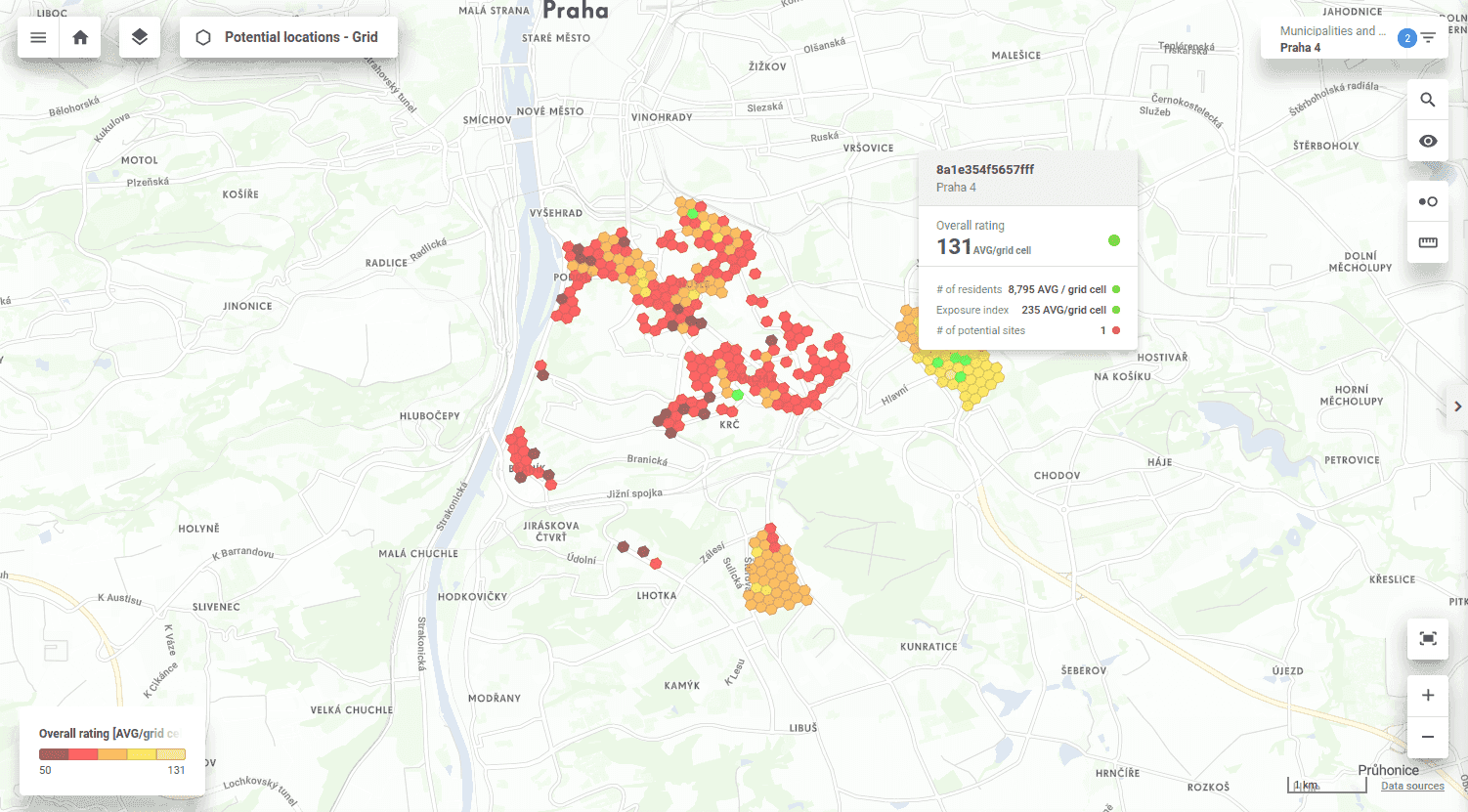 Fig. 6 Potential locations for a new shop visualized with a grid.