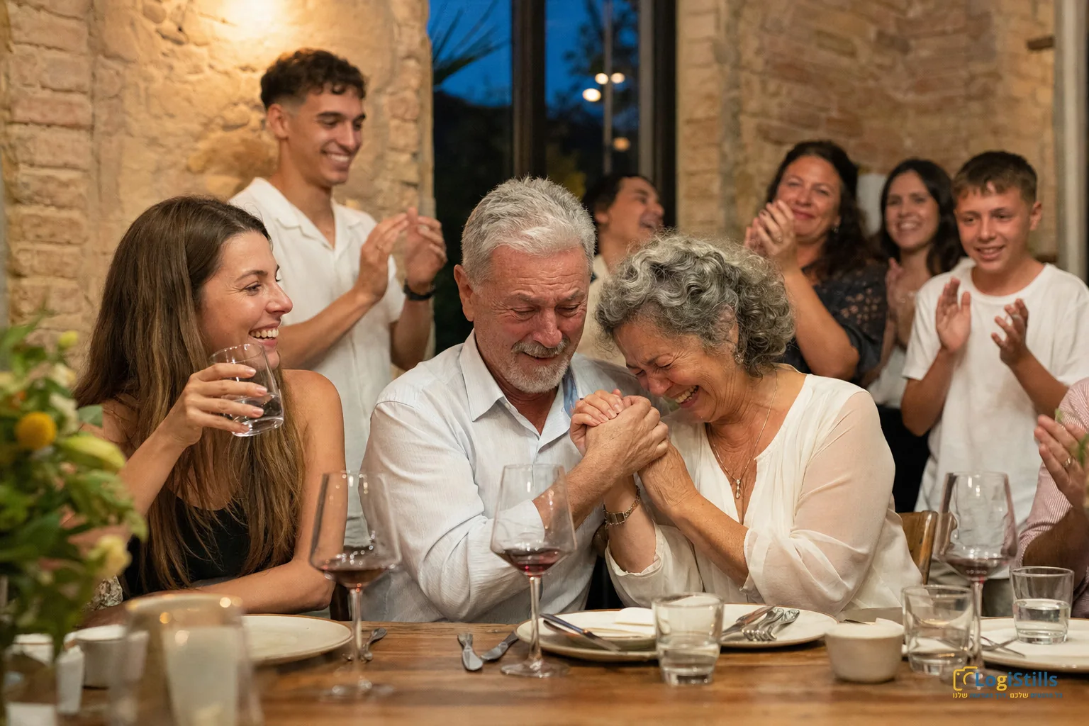 חבורה מרימה כוסות סביב שולחן באירוע משפחתי קטן
