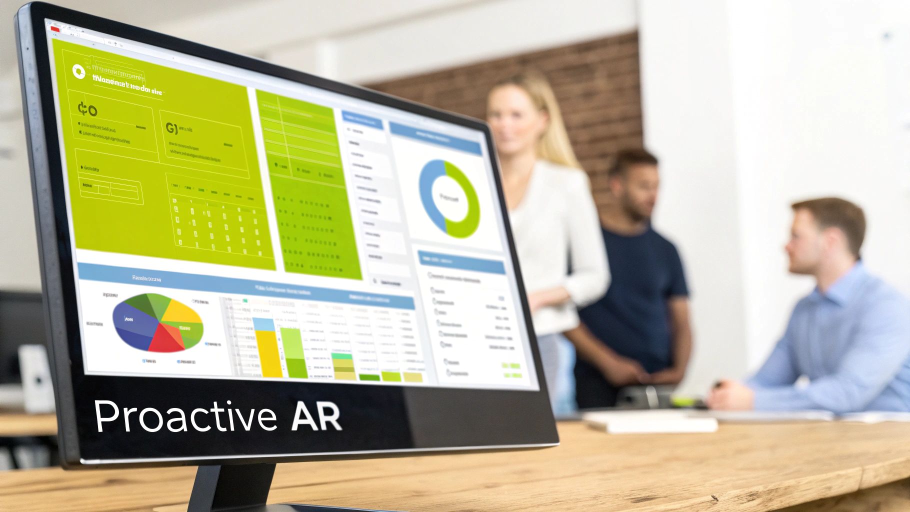 A computer monitor displays business analytics dashboards with charts and graphs, in an office with blurred people.