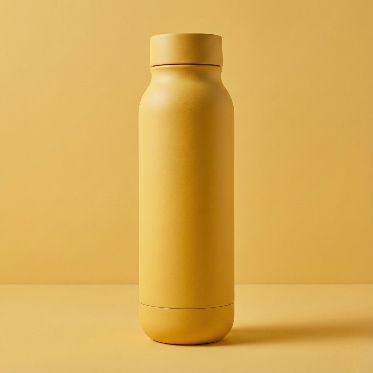 A yellow, matte-finish insulated water bottle stands upright against a matching yellow background, creating a minimalist and monochromatic aesthetic.