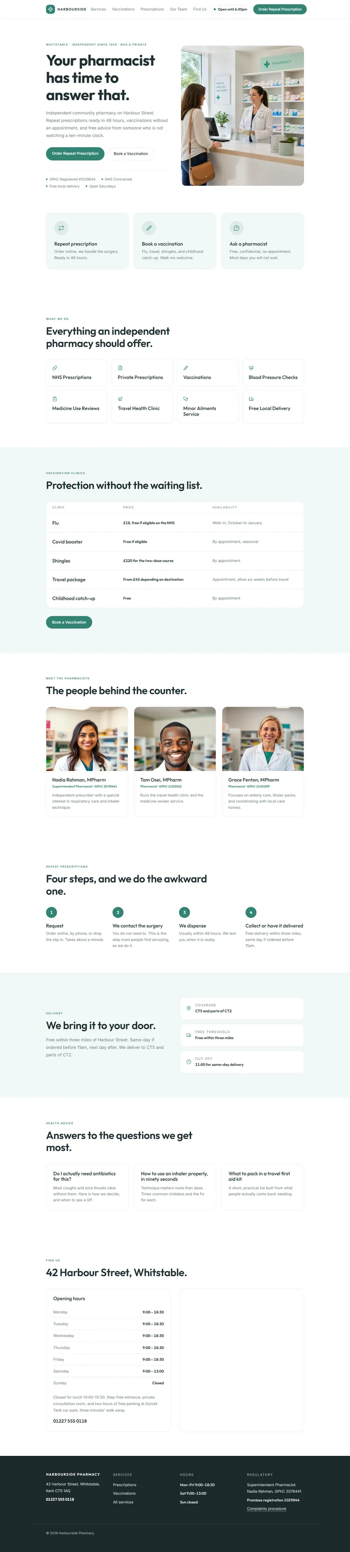 Full pharmacy website design: counter hero, service routes, vaccination clinics, pharmacists, delivery