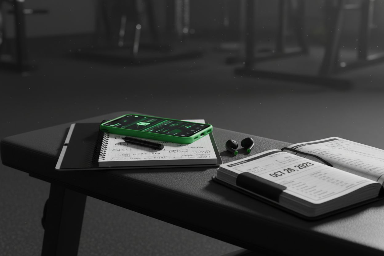 Teléfono, cuaderno y registro de entrenamiento sobre un banco