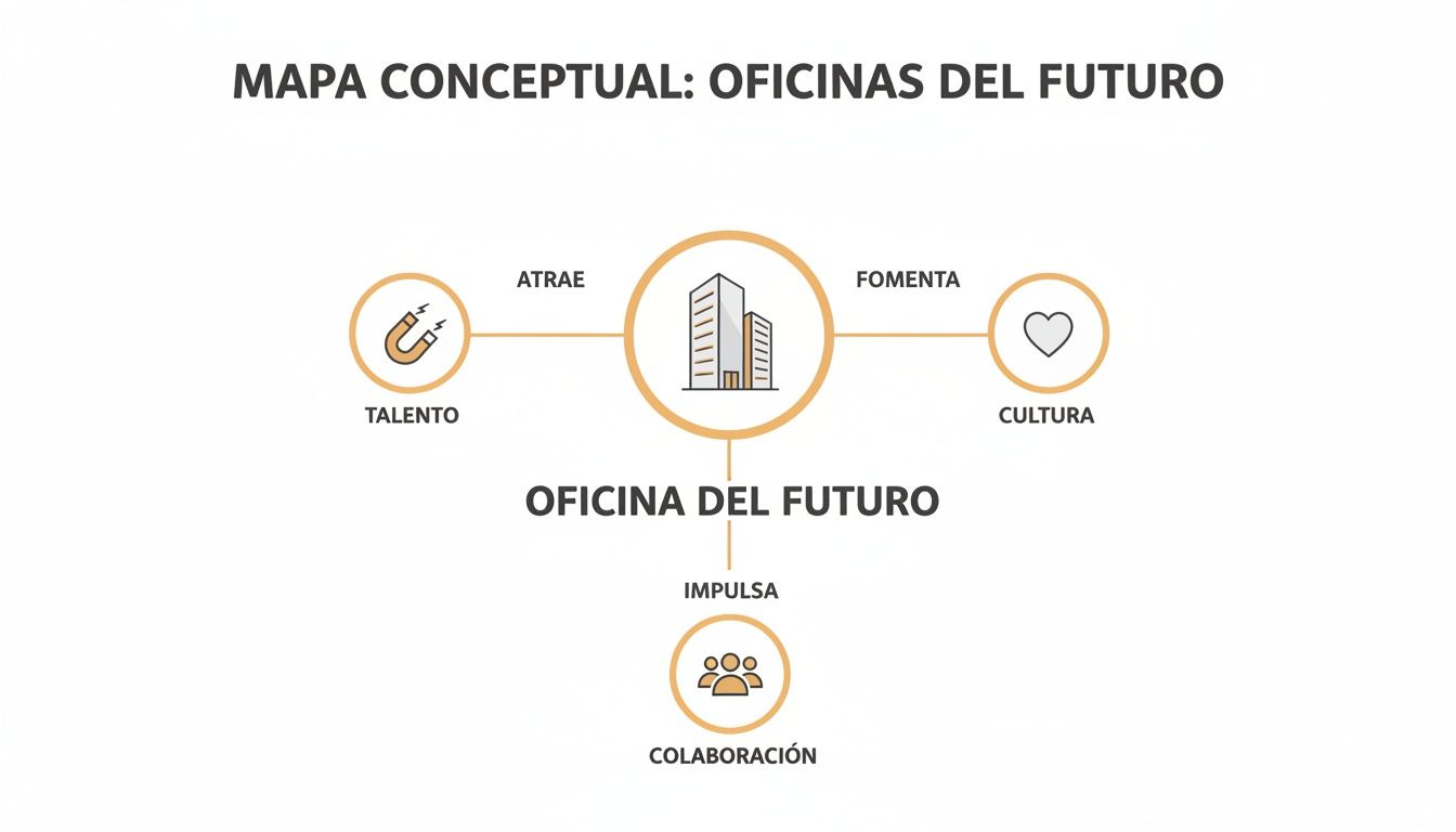 Mapa conceptual que describe cómo la oficina del futuro atrae talento, fomenta la cultura e impulsa la colaboración.