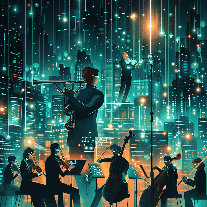 Illustration of musicians are immersed in a neon-lit environment, symbolizing the flow of data. The scene blends traditional musical elements with advanced technology, represented by musicians wearing virtual reality headsets and digital elements in the background.