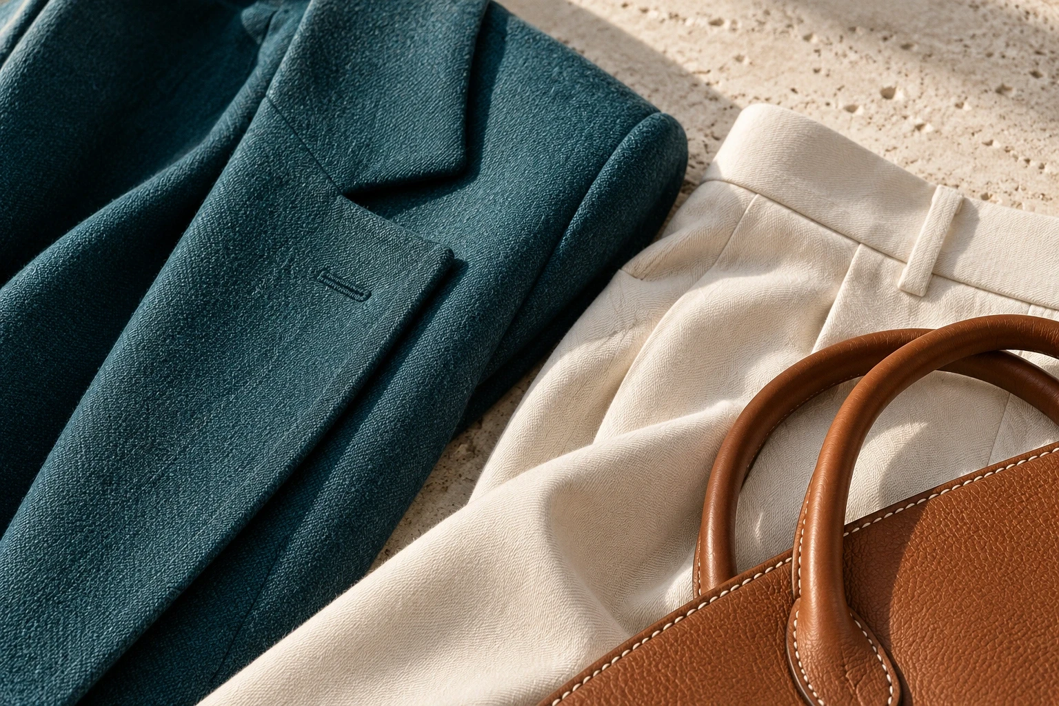 Teal jacket lapel,cream fabric andcognac leather handle inclose detail