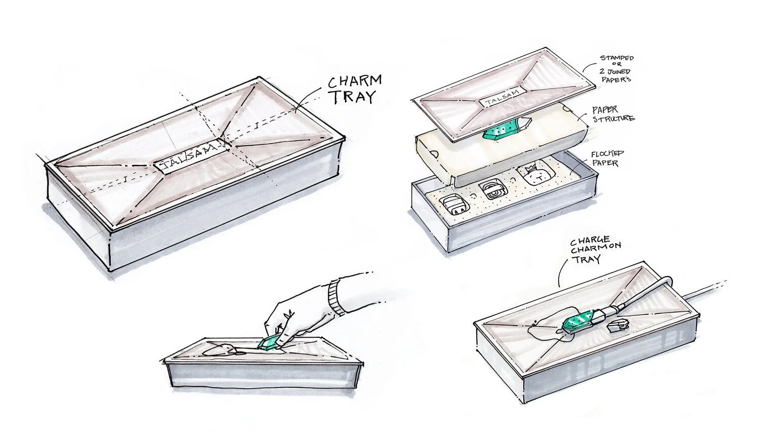 Packaging concept sketches exploring structure and unboxing interactions