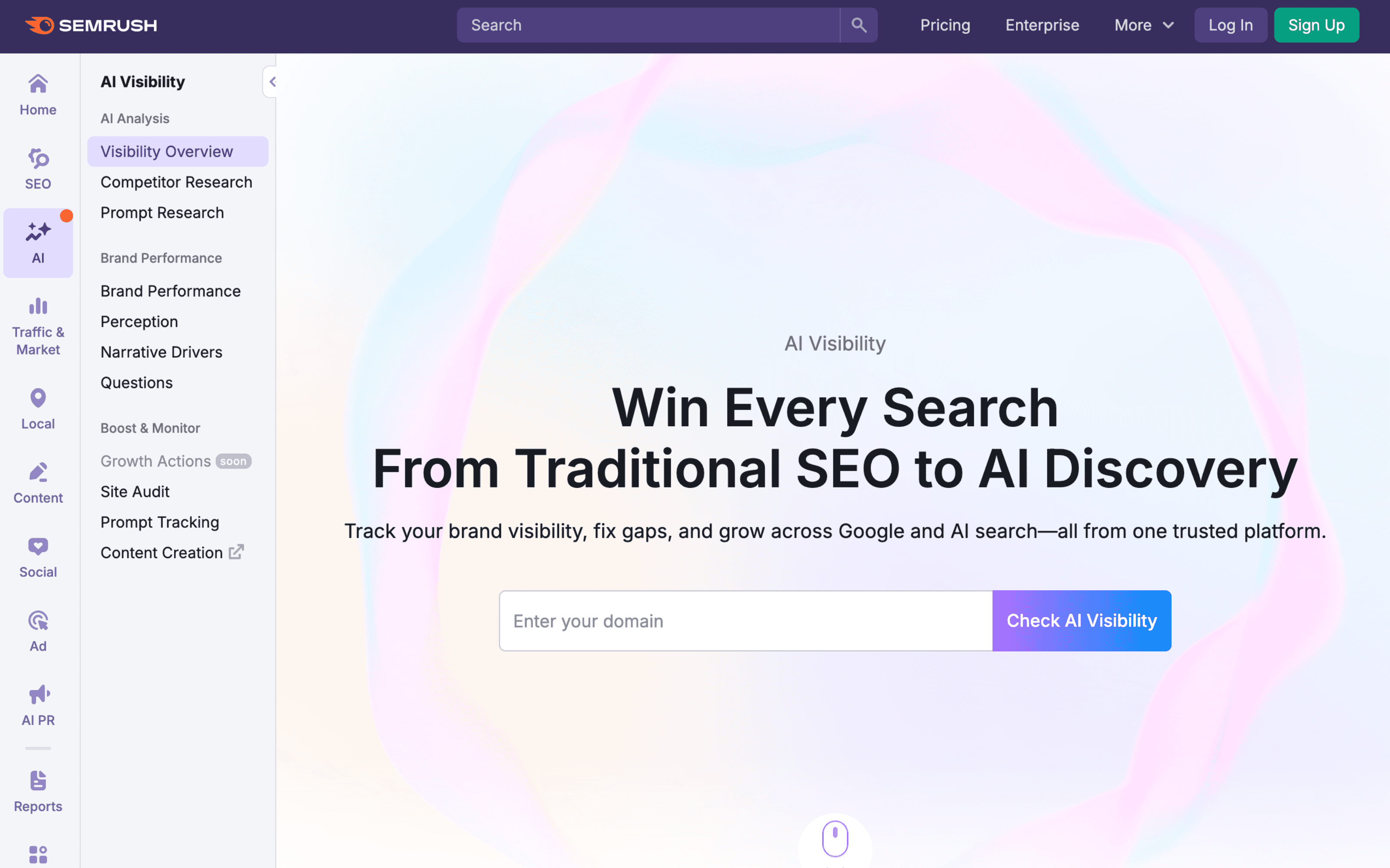 Screenshot of the Semrush AI Toolkit view showing AI-related visibility insights, brand presence, and reporting panels within the Semrush platform