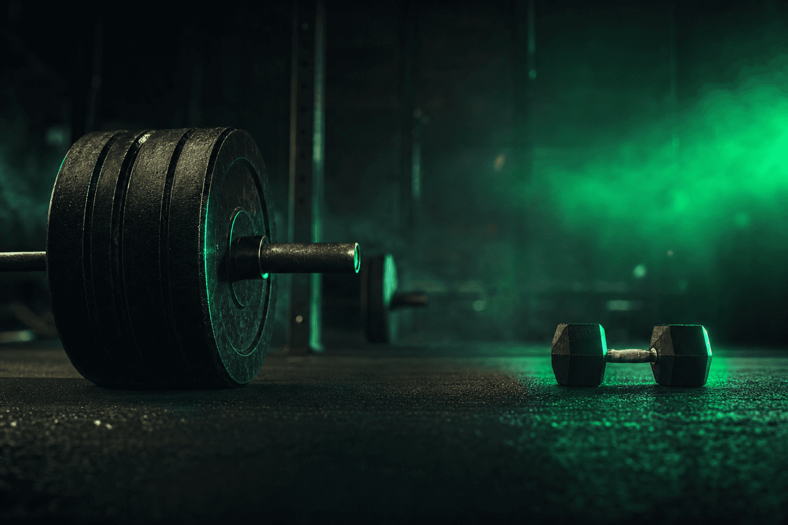 Heavy loaded barbell on one side and a light dumbbell on the other, lit with moody emerald-green accents