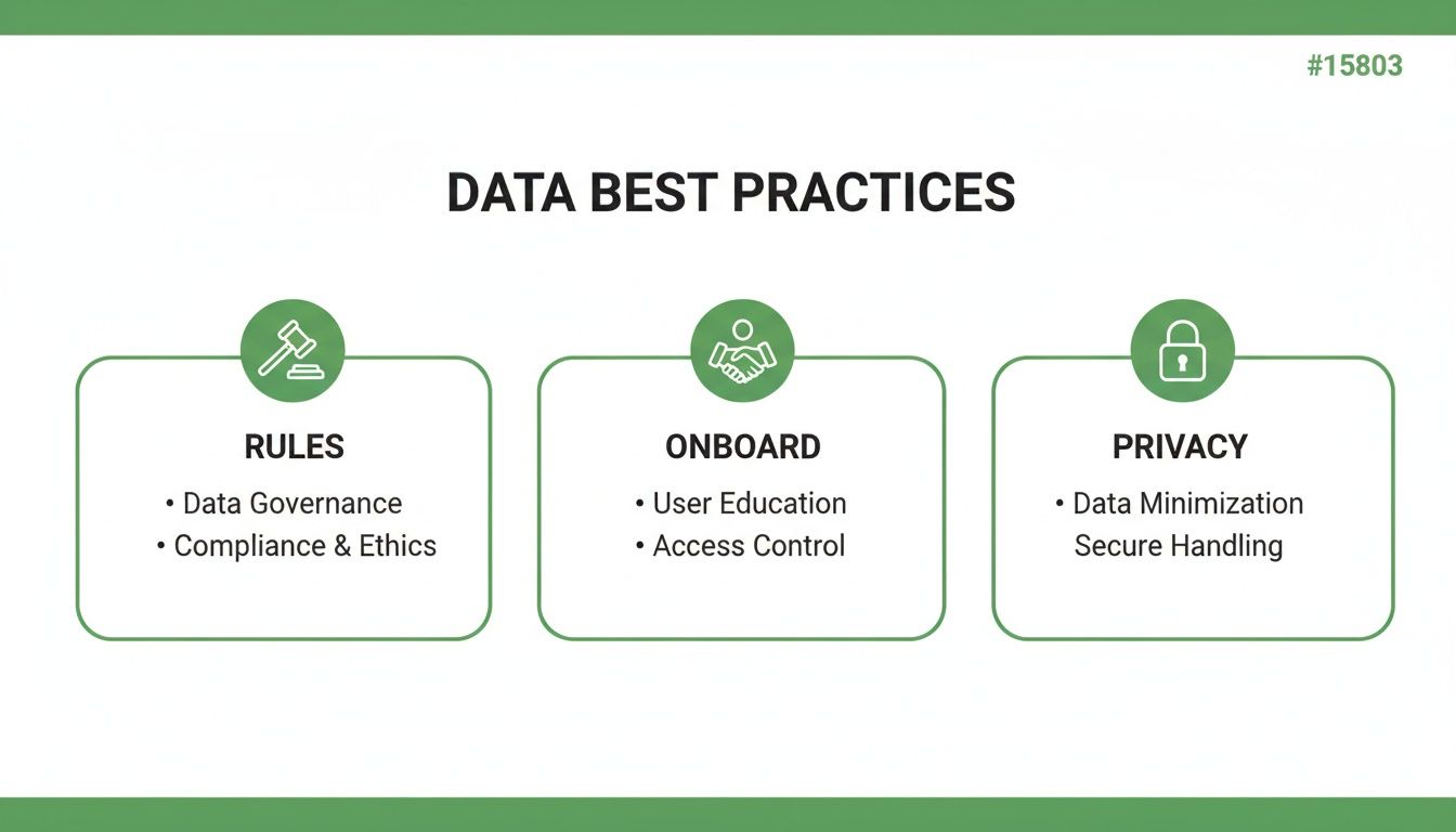 A diagram outlining data best practices across rules, onboarding, and privacy, with detailed sub-points.