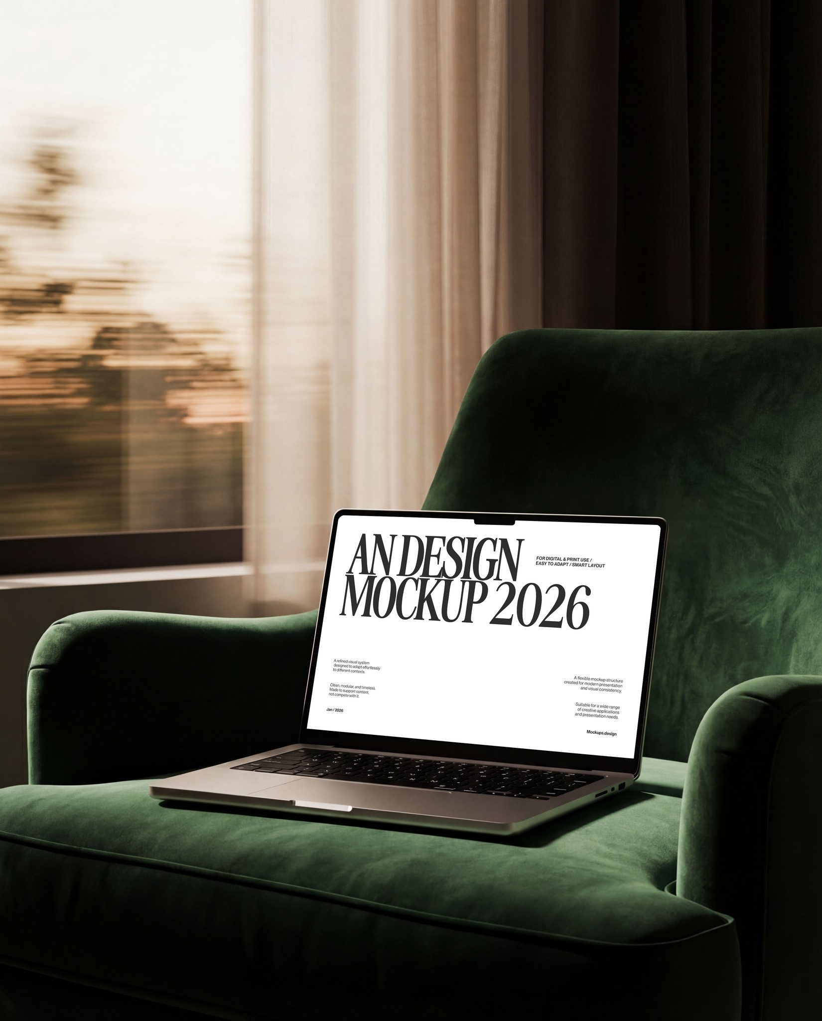 Laptop mockup on couch, clean lifestyle scene