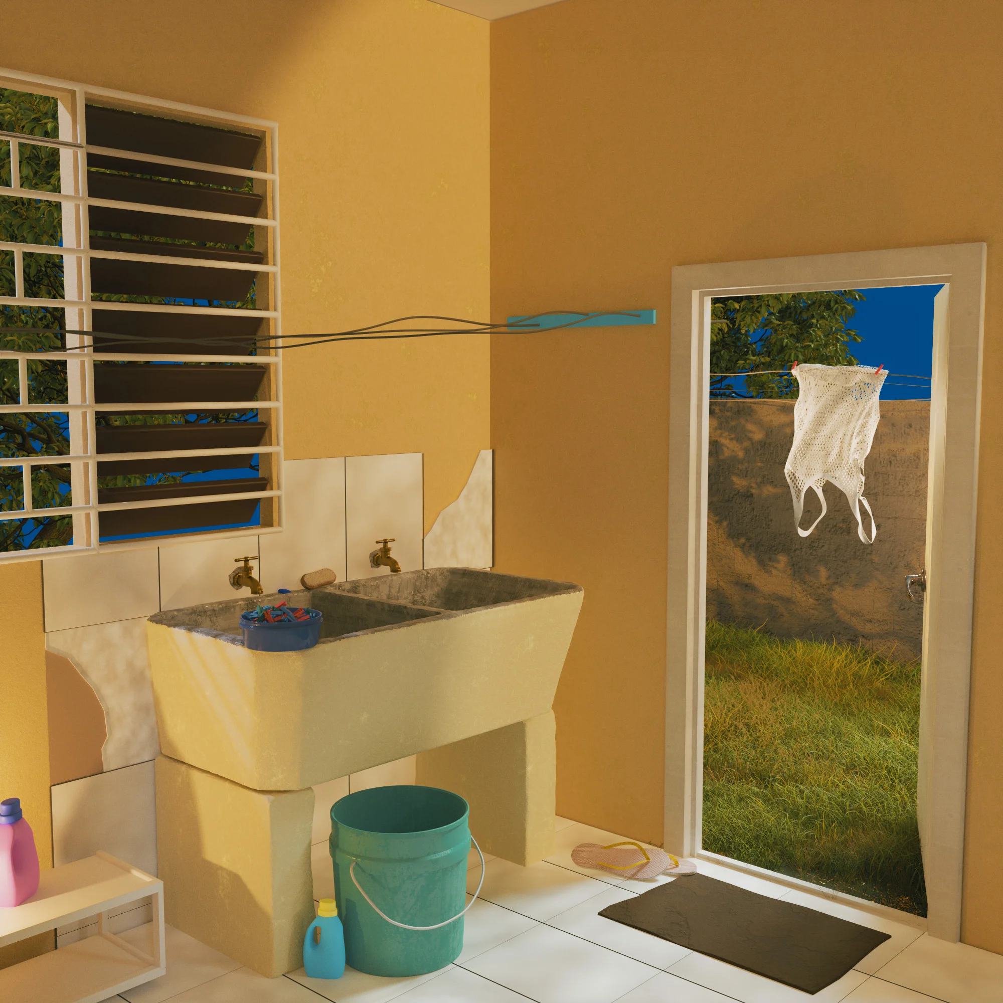 A 3d render of a typical washroom setup you can find in homes in the Caribbean.