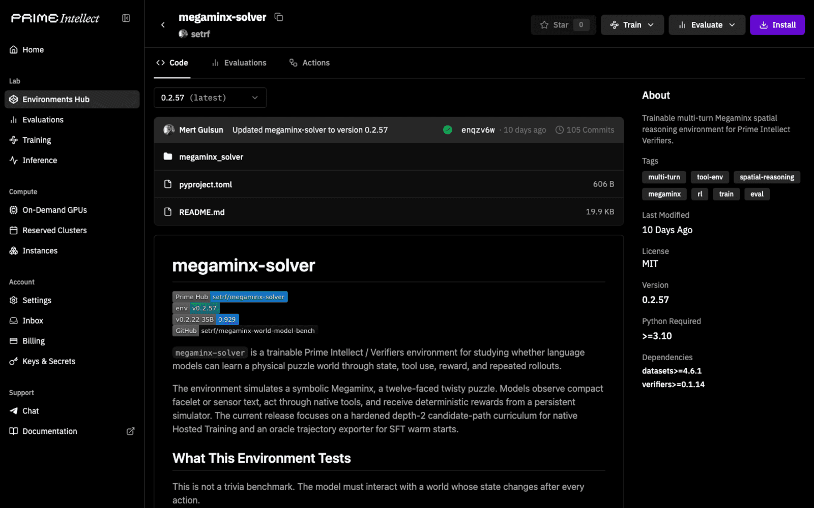 Prime Intellect environment page for megaminx-solver v0.2.57, showing the public package, README, training, evaluation, and install controls.