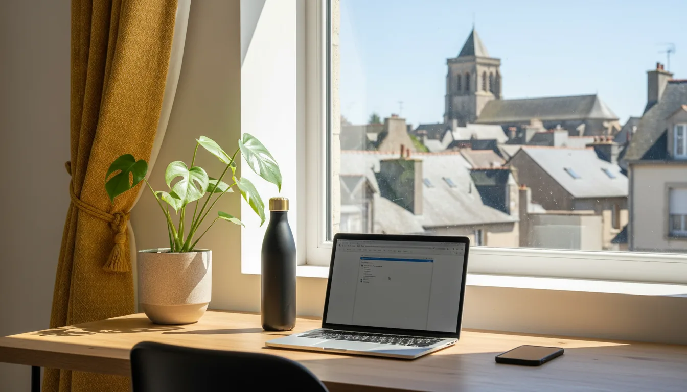 DSLR photo of a home office desk positioned next to a window with bright, direct natural daylight streaming in, casting sharp shadows on a white wall. On the light wood desk sits an open silver laptop displaying a word processing document, a matte black stainless steel water bottle with a gold cap, and a black smartphone. To the left is a potted Monstera Adansonii plant in a beige ceramic pot. A mustard-yellow curtain with a diamond pattern is held back from the window. The background, seen through the window, is a sunny view of a European town with slate roofs and a stone church tower. The focus is sharp on the desk setup, with a shallow depth of field.