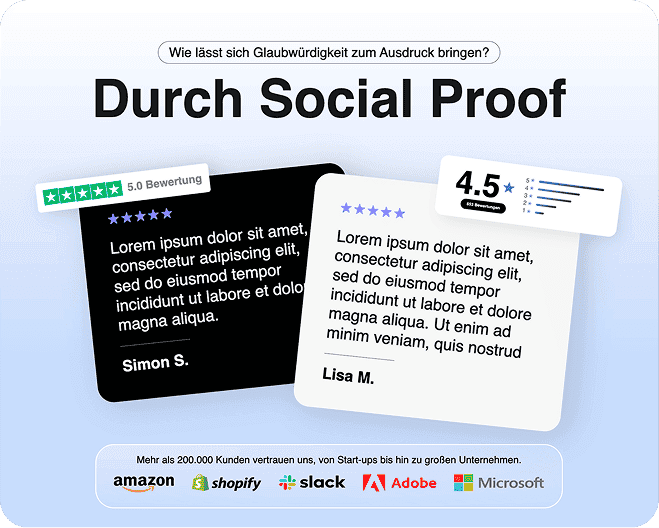 German-language UI slide titled "Durch Social Proof" featuring a testimonial layout and app logos