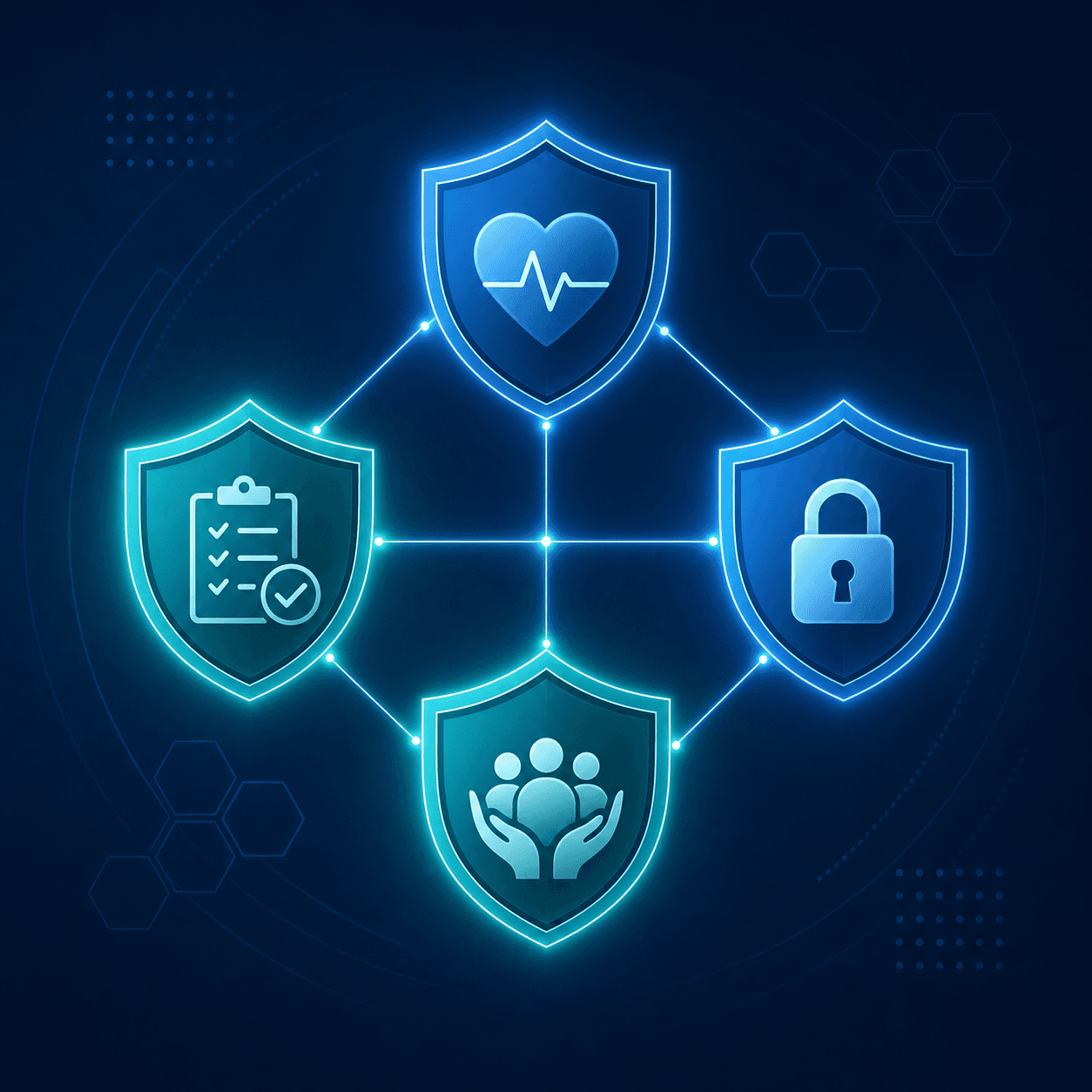 A clean, professional illustration showing four interconnected shield icons arranged in a balanced layout on a dark navy blue background. Each shield has a distinct soft glow in blue or teal. The shields are connected by thin glowing lines suggesting a secure network or framework. The overall aesthetic is modern, minimal, corporate healthcare compliance theme with abstract geometric accents. No text, no words, no letters, no numbers.