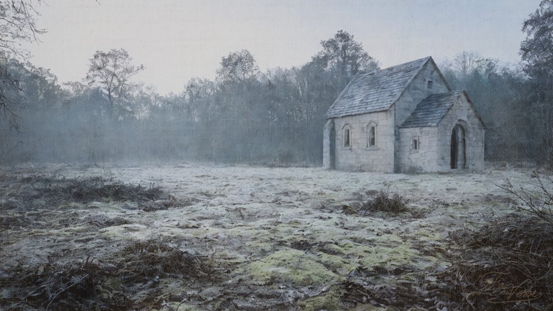 Sacred artwork by Faith and Verse. © Faith and Verse, 2025. All rights reserved. A small stone chapel standing in misty fields at dawn—the shrine at Geel where processions honored Dymphna's memory every five years, where her relics were preserved, and where pilgrimage brought the afflicted seeking her intercession for centuries.