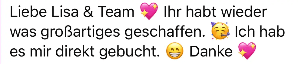 Screenshot vom Feedback zum Below the Line Add-On von Codes of Life® Professional: Liebe Lisa & Team Ihr habt wieder was großartiges geschaffen. Ich hab es mir direkt gebucht. Danke