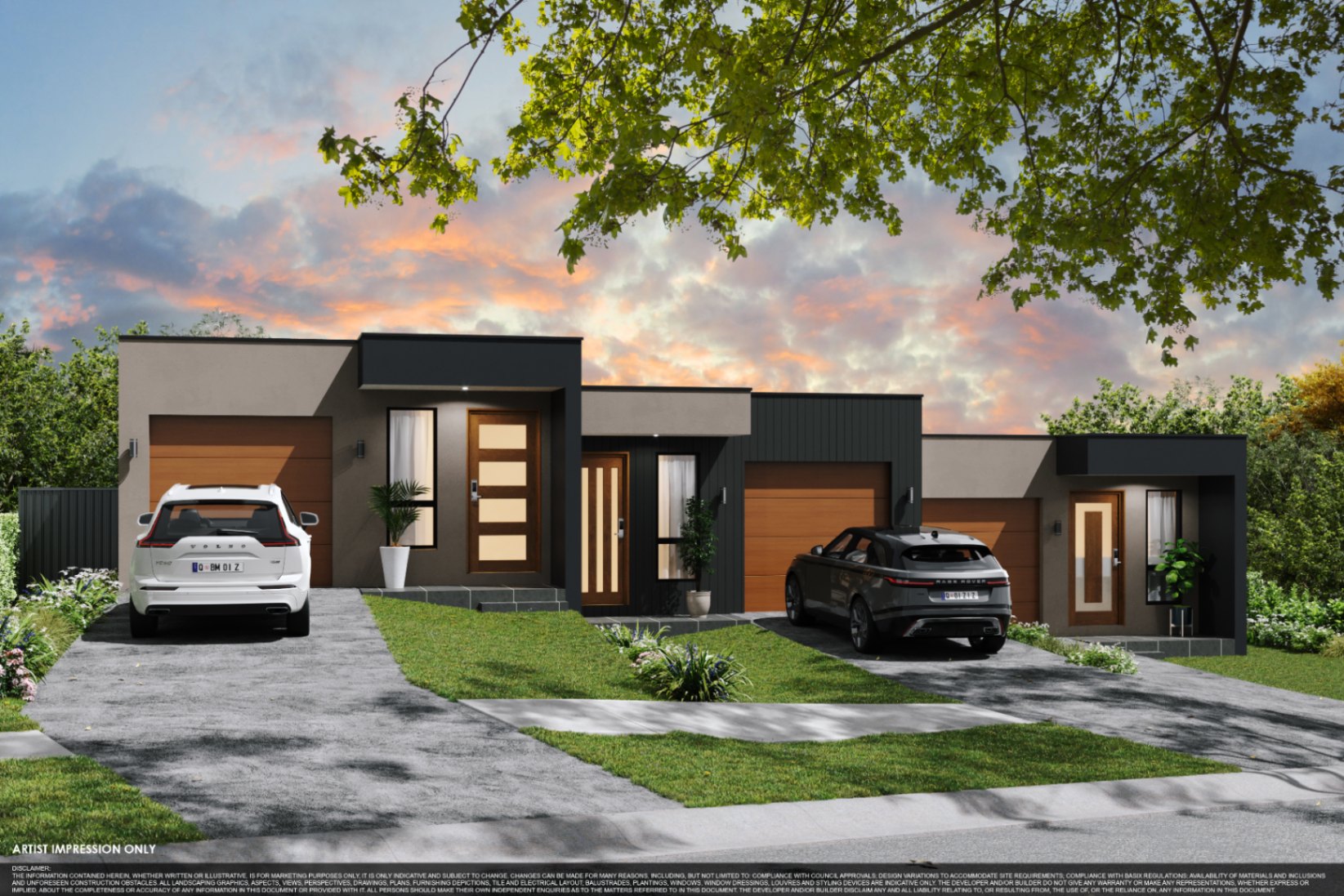 Modern duplex townhouse in Muswellbrook with contemporary facade, garage parking, and landscaped front yard, available with $10K deposit via Coposit