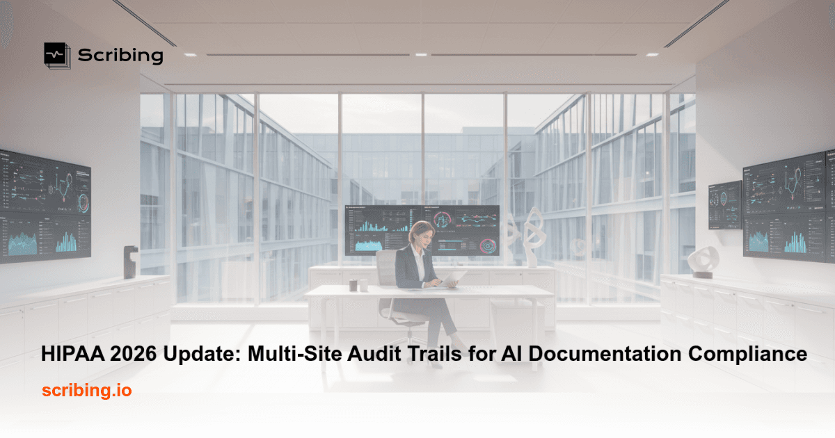 Multi-site healthcare network displaying interconnected AI documentation audit trail systems for HIPAA 2026 compliance