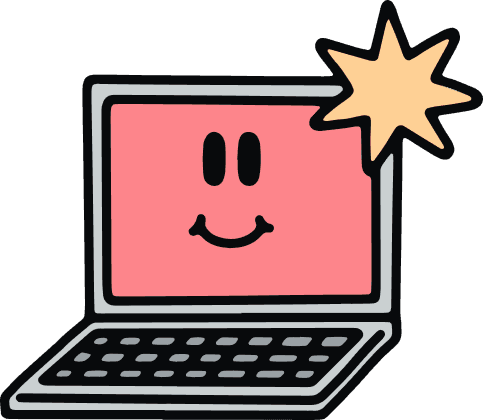 Cartoon illustration of a smiling laptop with a pink screen and yellow starburst.