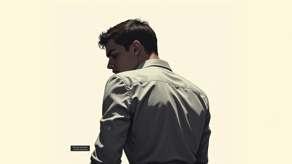 Ein junger Mann von hinten, der über seine Schulter schaut, in einem hellgrauen Hemd.