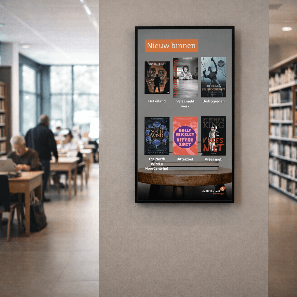 Modern bibliotheekinterieur met een open ontwerp op meerdere niveaus, met narrowcastingschermen voor informatie, bewegwijzering en aankondigingen, geïntegreerd tussen boekenplanken, trappen en studeerplekken.