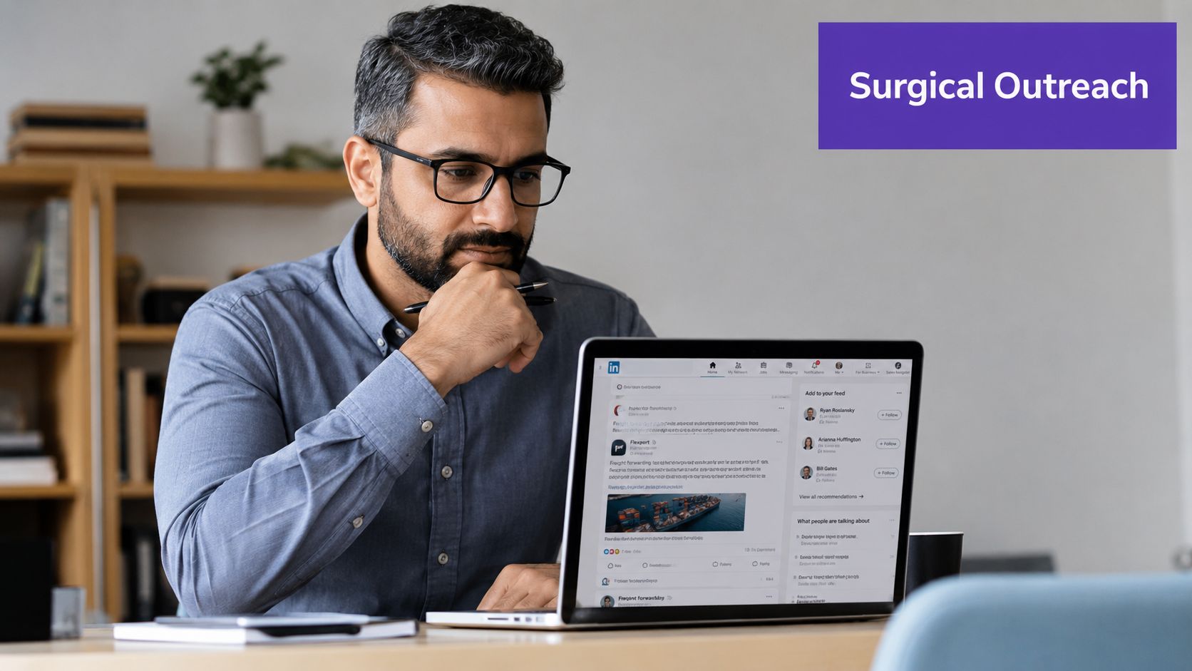 A professional man with glasses working on a laptop, focused on browsing LinkedIn in a home office.