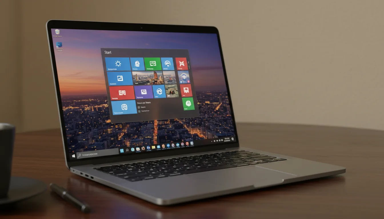 DSLR photograph of a space gray MacBook Air open on a dark wooden desk, angled view. The brightly lit screen displays a Windows operating system user interface with the Start Menu open, showing a grid of colorful app tiles over a vibrant cityscape wallpaper at dusk. The scene is illuminated by warm, soft indoor lighting, with a shallow depth of field blurring the plain wall in the background.