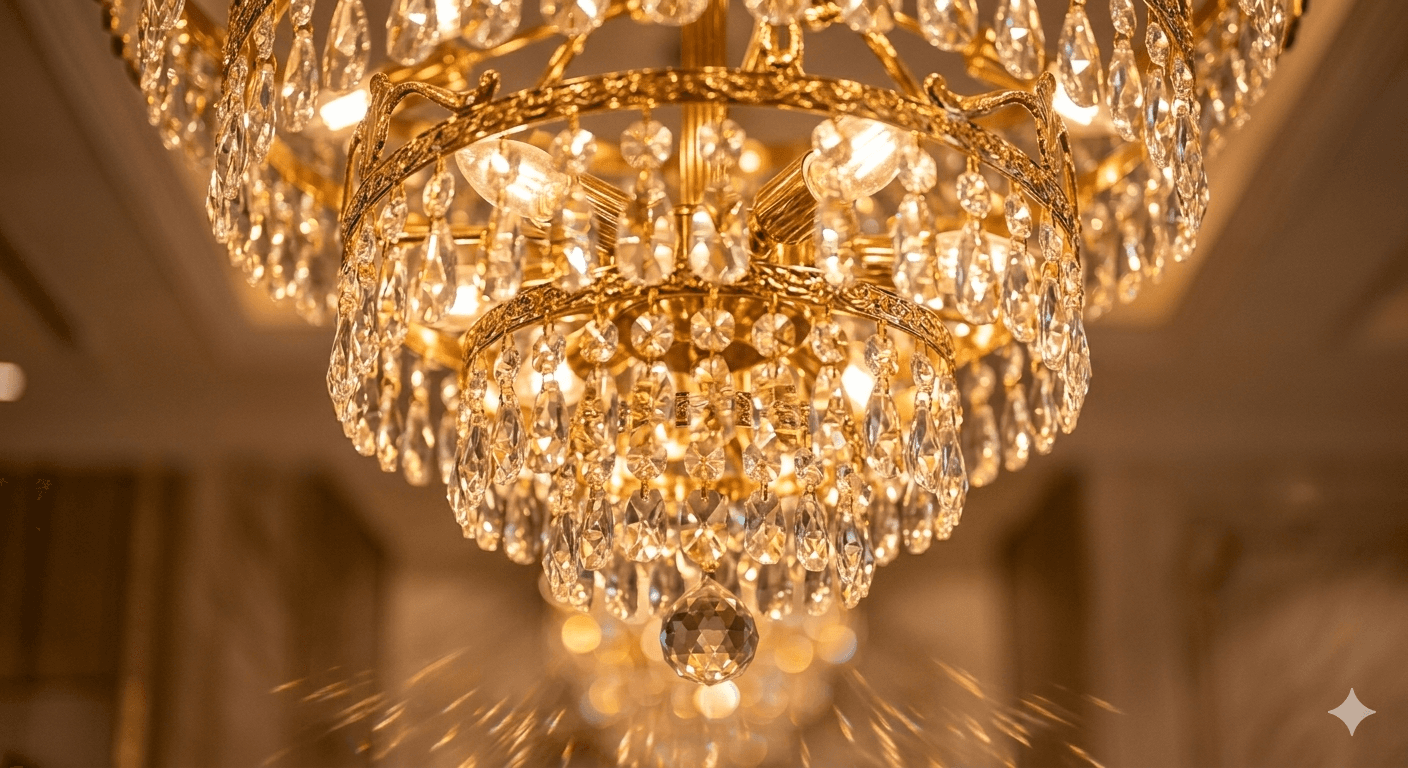 Elegant crystal chandelier detail inside a luxury lobby in Sector 111 Gurugram