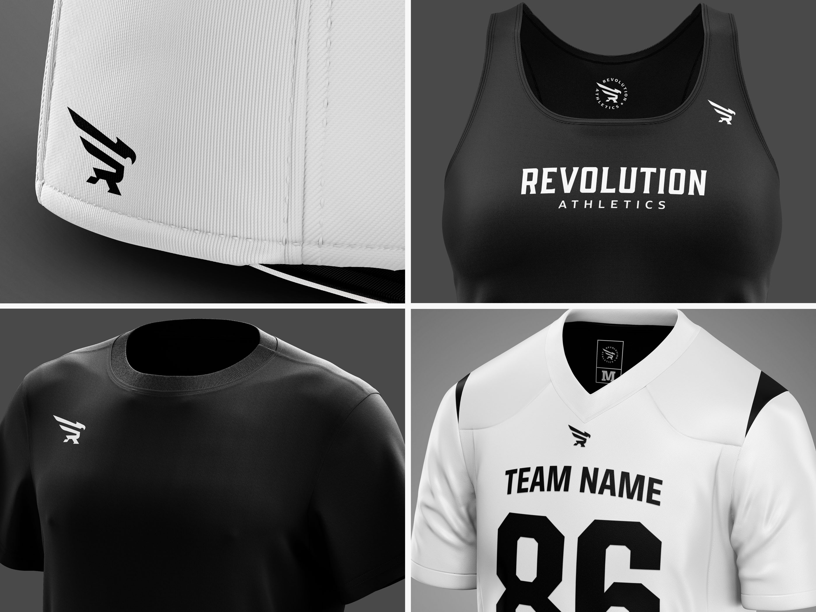Revolution Athletics apparel designs including jersey and headwear.