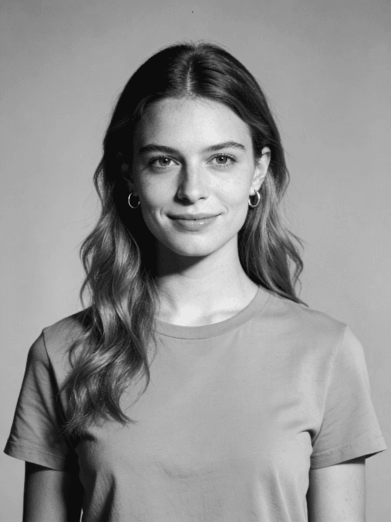 A young woman with light brown hair and blue eyes, wearing a green t-shirt and gold earrings, smiles slightly against a gray background.