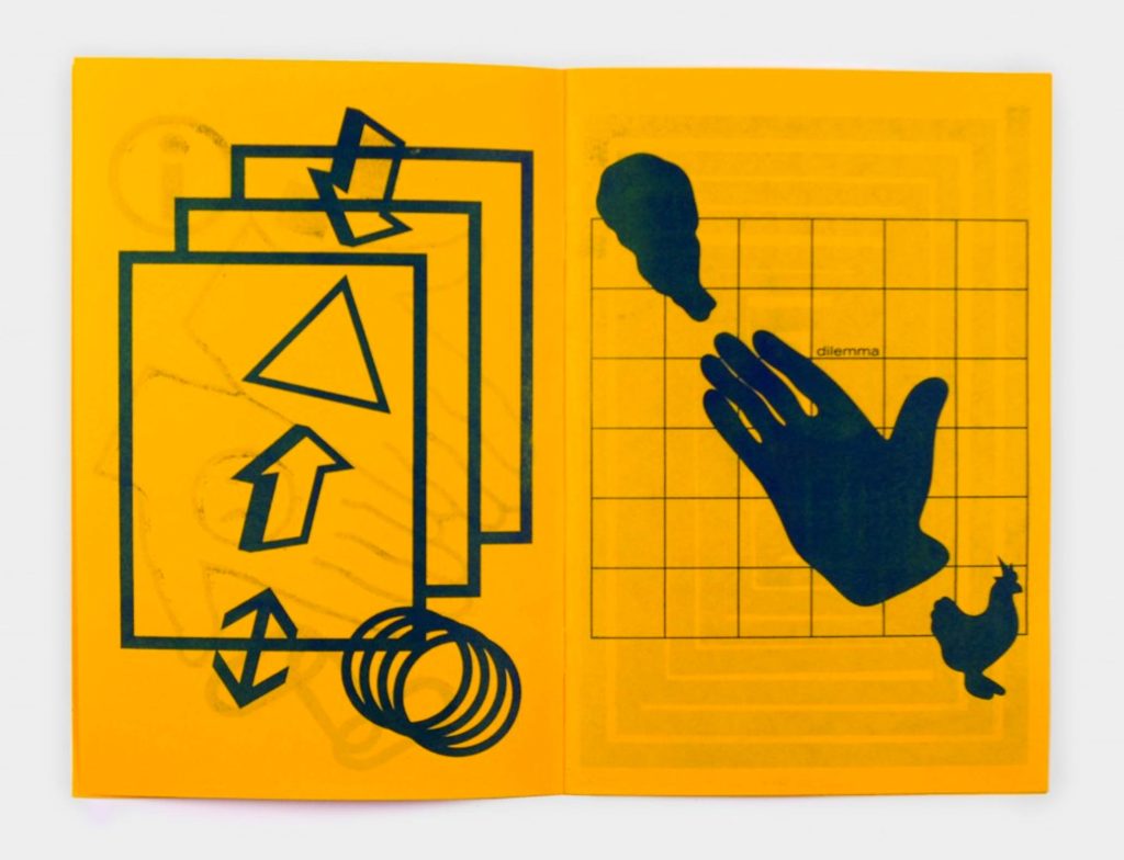 abstract graphic of hand and objects black on yellow background